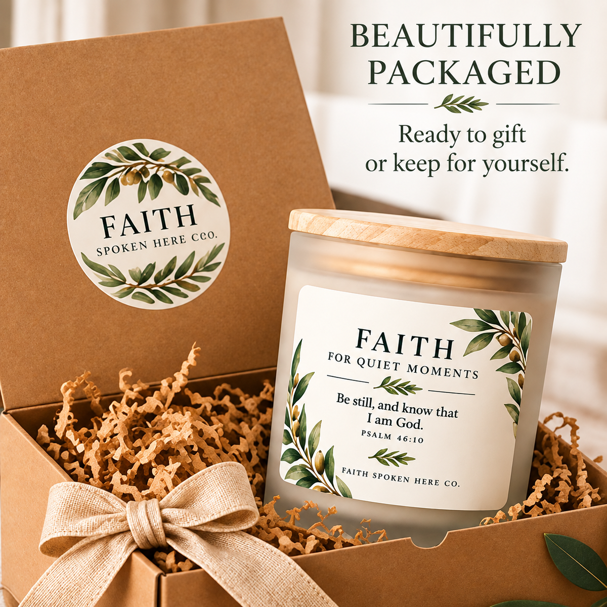 Psalm 46:10 candle nestled in a kraft gift box with ribbon and Faith Spoken Here sticker
