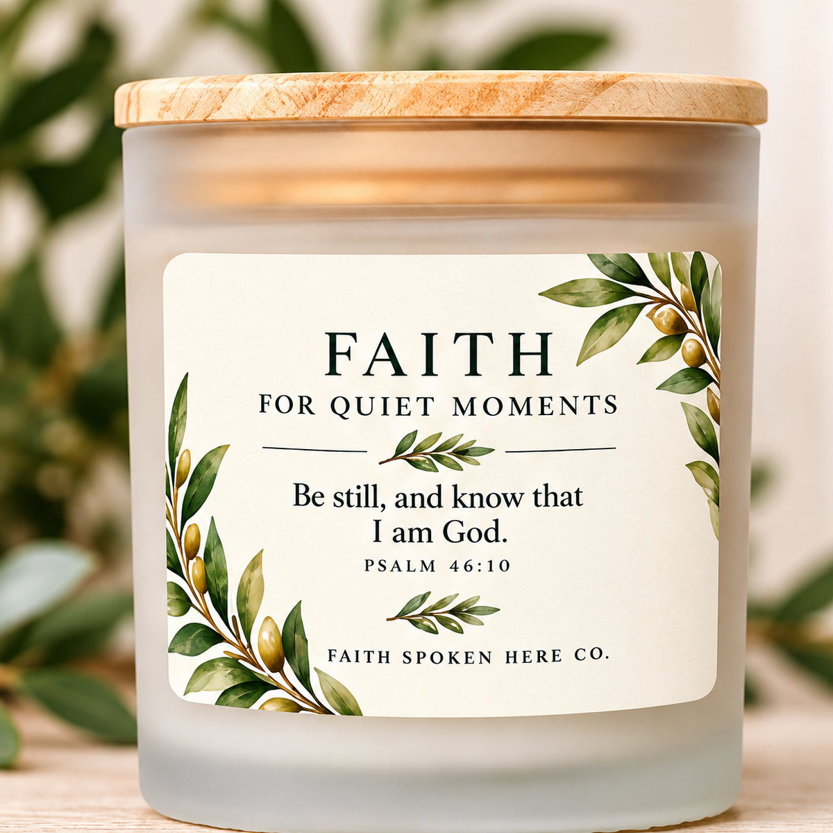 Faith for Quiet Moments frosted glass candle with wood lid, showing the Be Still Psalm 46:10 label