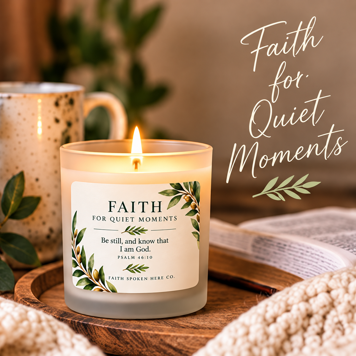 Lit Be Still candle on a wooden tray beside a mug, with Faith for Quiet Moments text