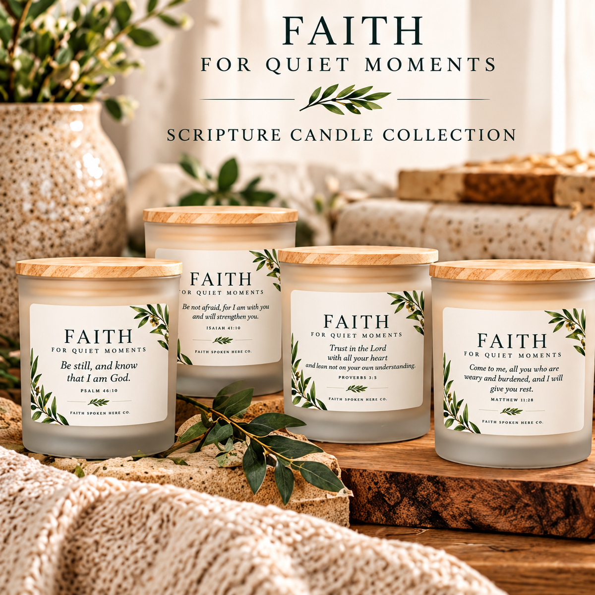 Four frosted glass candles from the Faith for Quiet Moments scripture candle collection, each with a different verse label