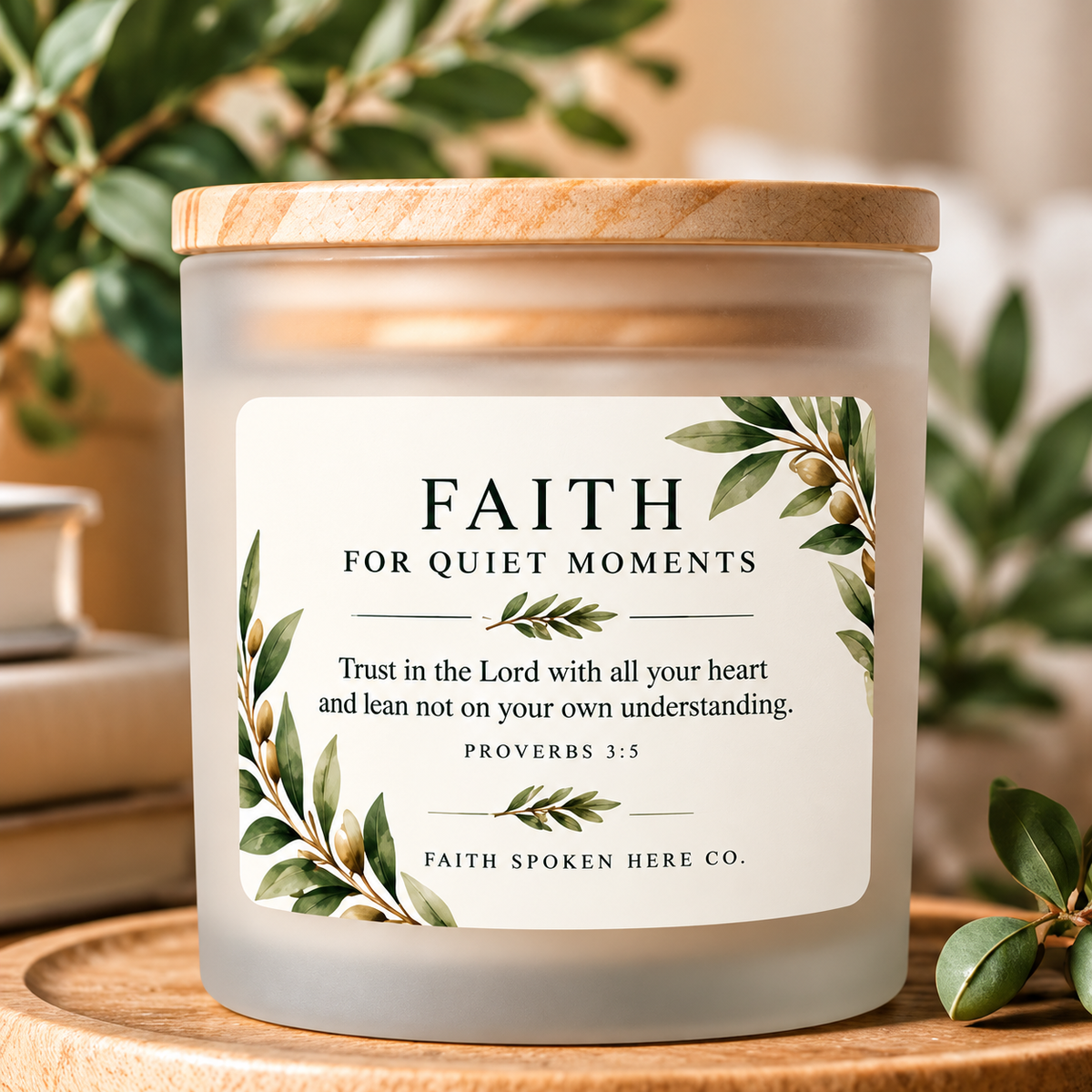 A frosted glass candle jar with a light wood lid and a cream label reading “FAITH FOR QUIET MOMENTS,” styled on a wooden surface with soft green foliage in the background.