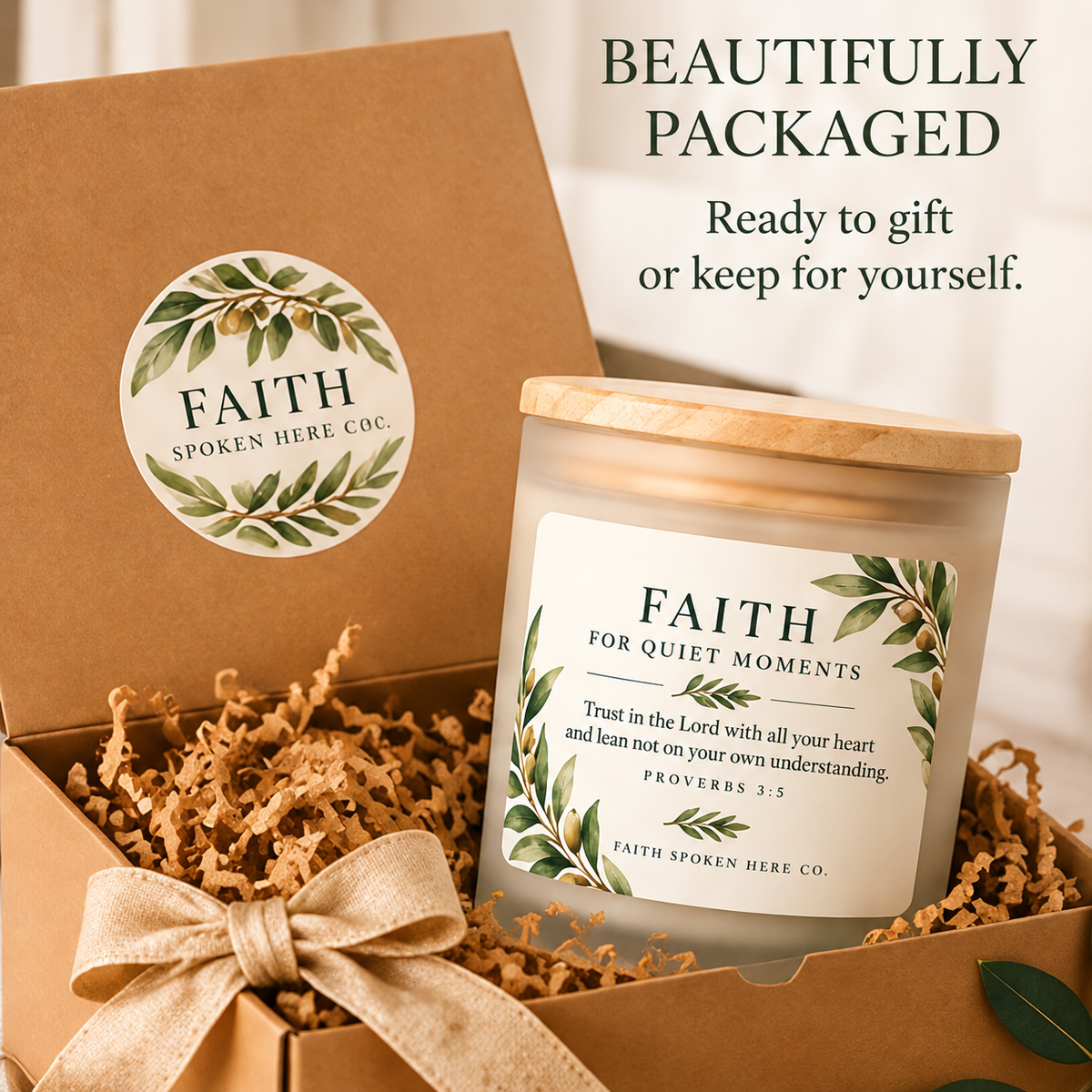 A jar candle with a white label and light wood lid sits in a brown gift box filled with shredded paper, next to a matching brown box lid with a circular Faith Sproken Here Co. logo.