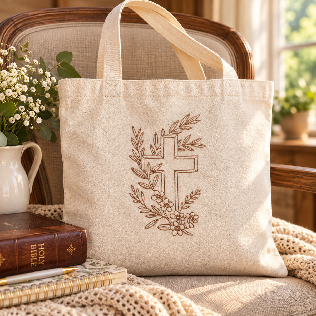 Cream canvas tote with embroidered botanical cross beside a Bible and journal on an upholstered chair.