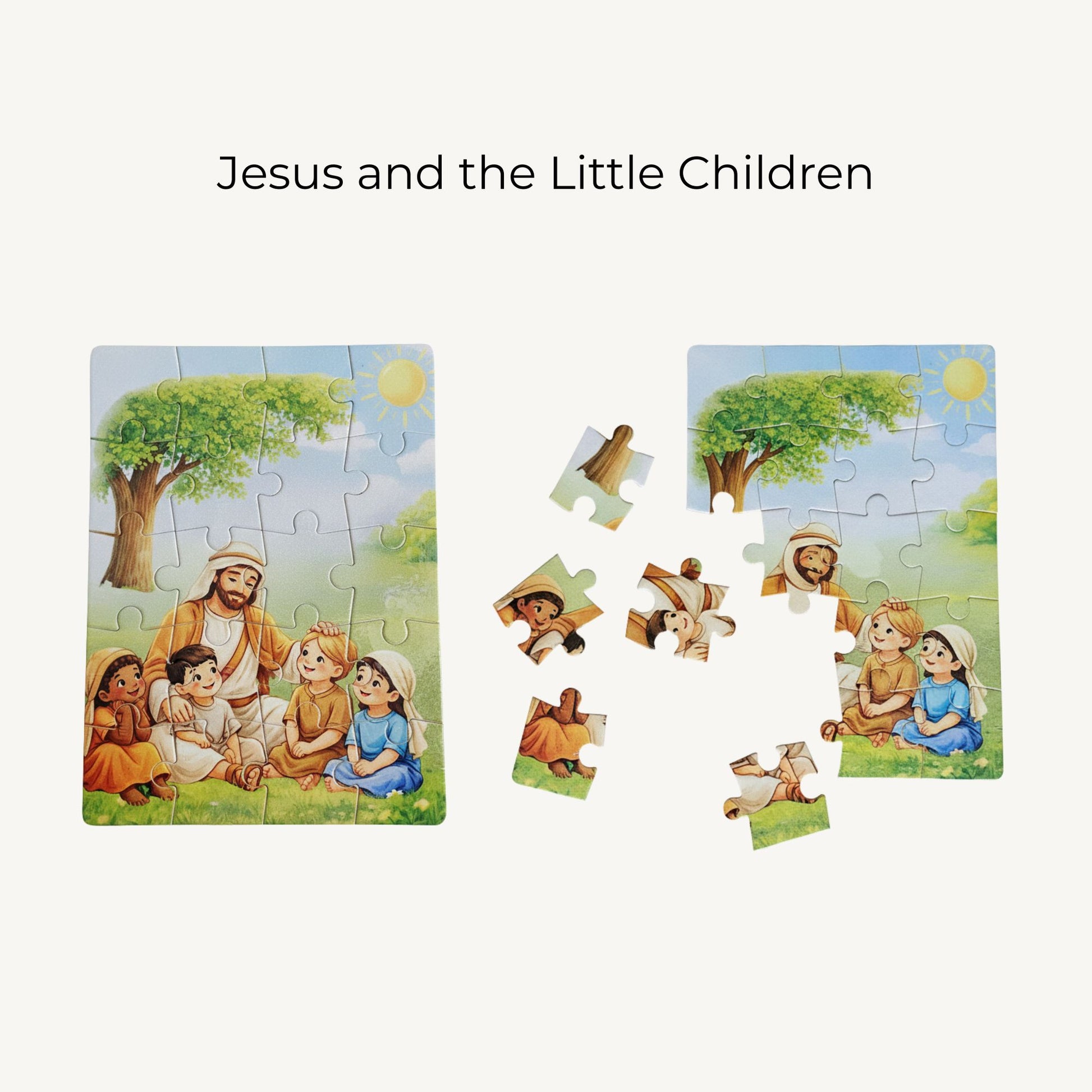 Children's puzzle with illustration of Jesus and children, on a white background.