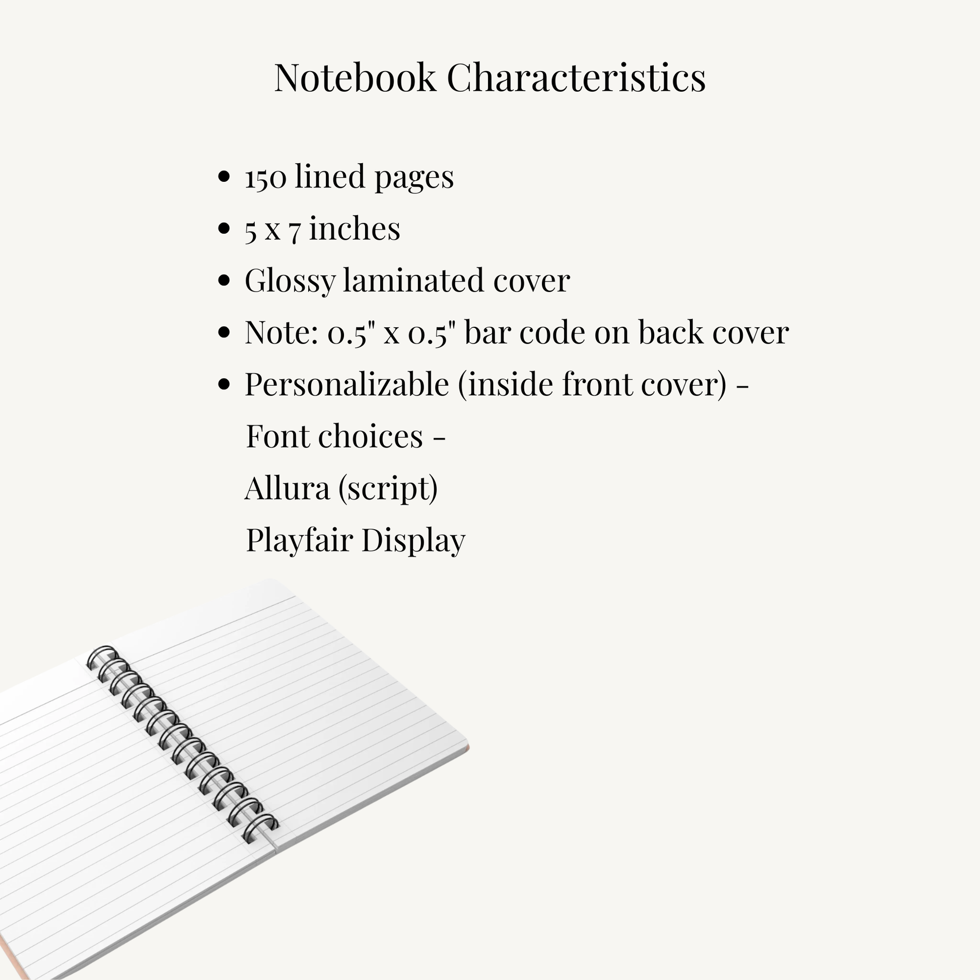 Notebook with open pages on a white background, featuring text about notebook characteristics.