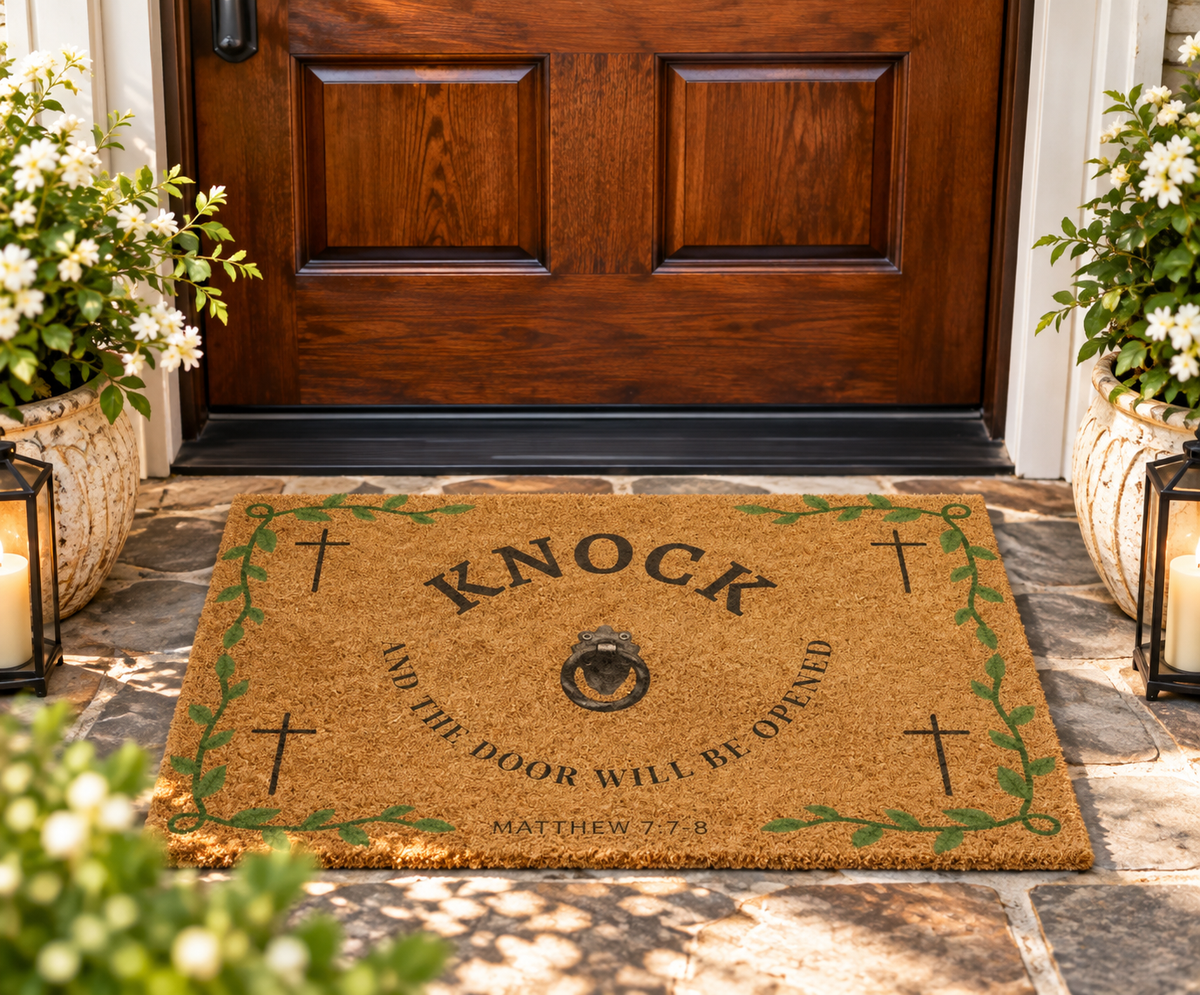 Christian Doormat – Knock and the Door Will Be Opened Coco Mat - Heavenly Treasures