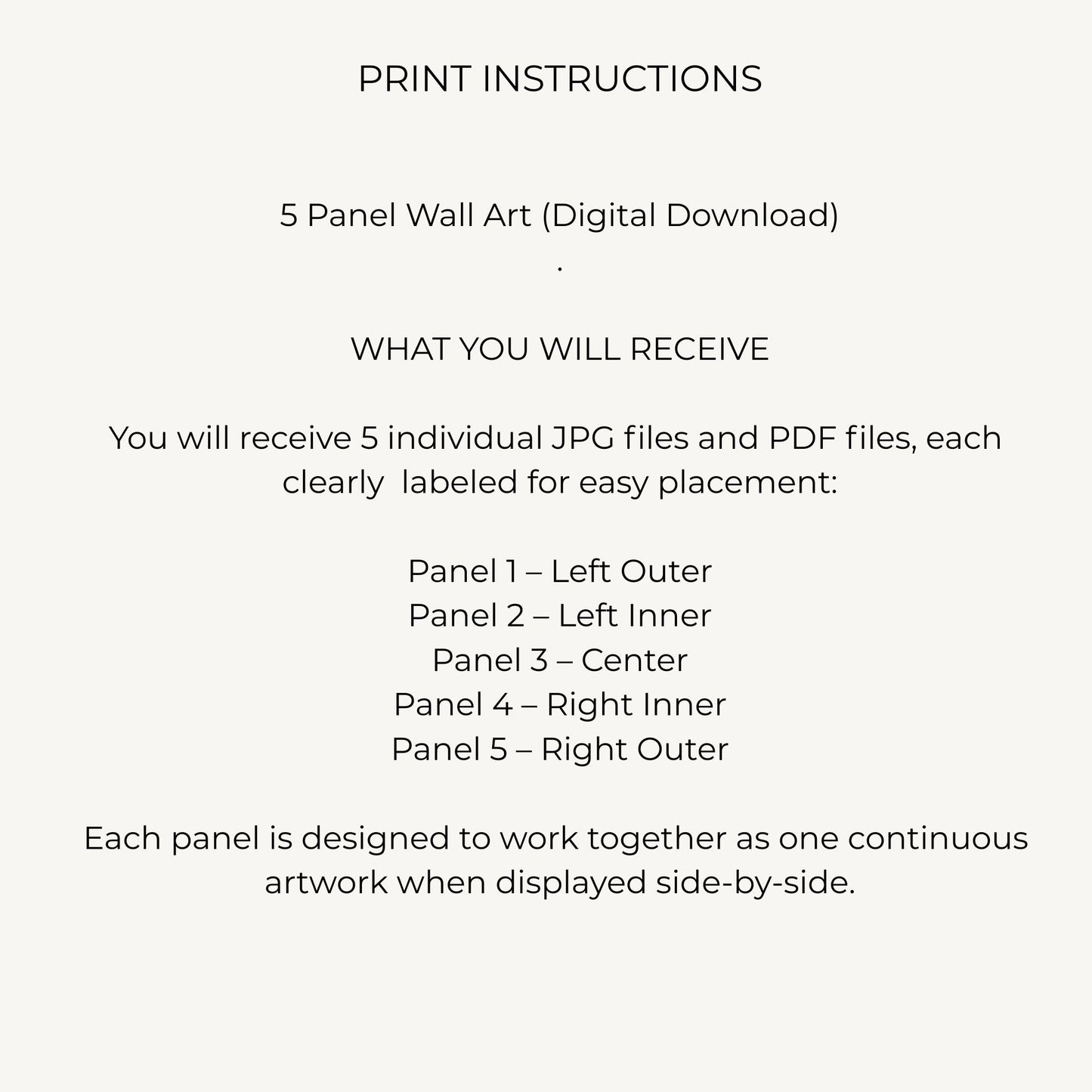 Print instructions for 5-panel wall art digital download on a white background