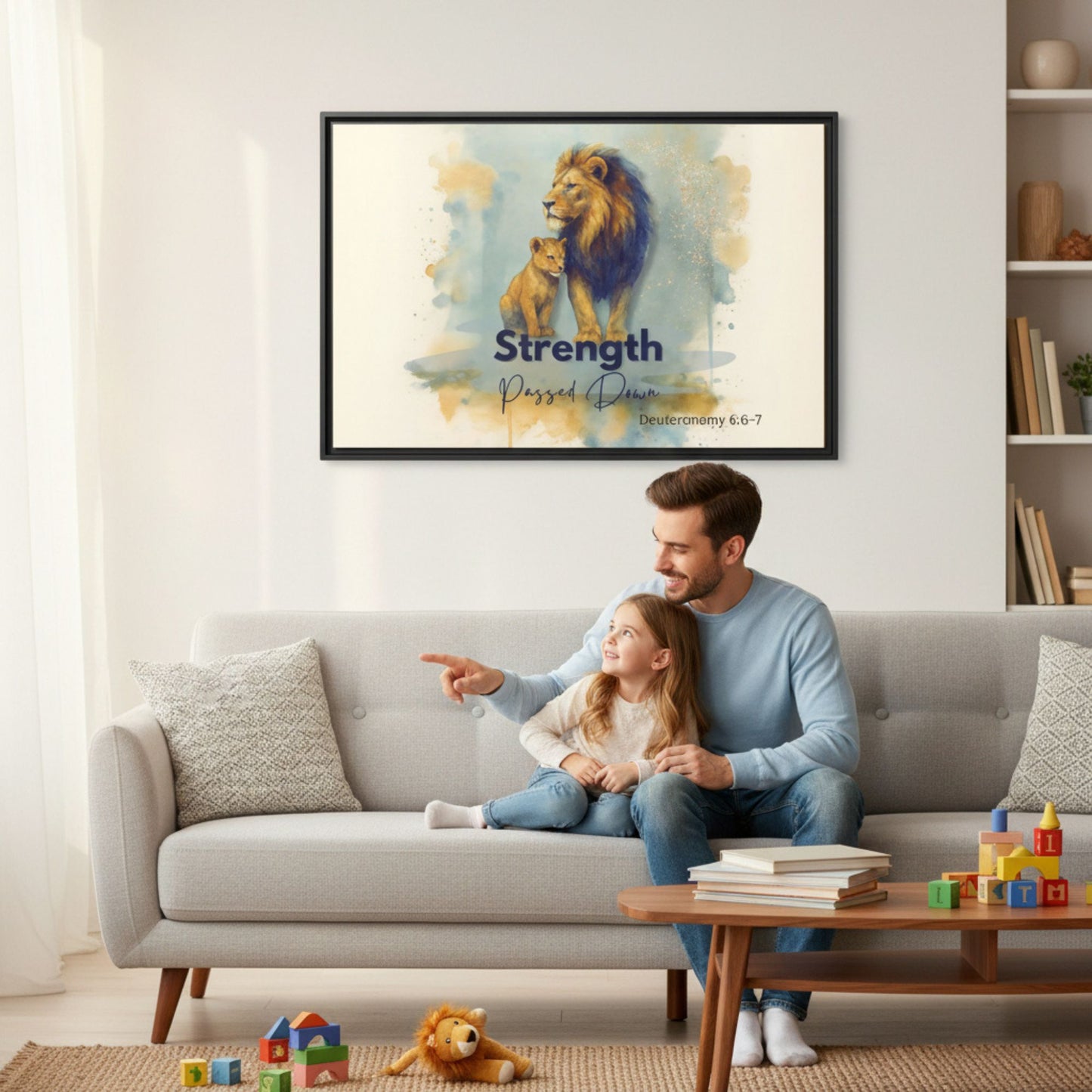 Lion of Judah Wall Art – Strength Passed Down | Christian Father & Child Canvas with Scripture - Heavenly Treasures