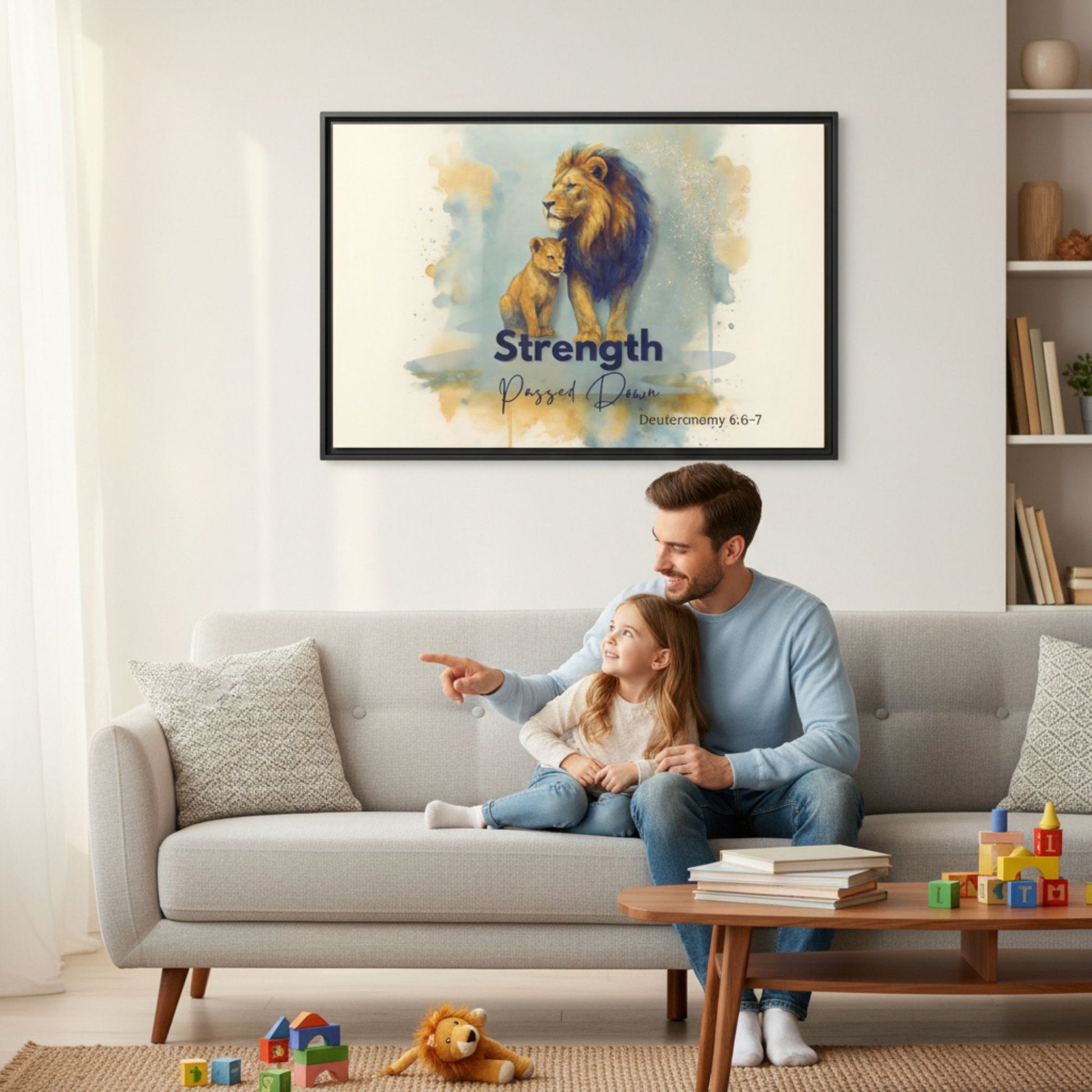 Lion of Judah Wall Art – Strength Passed Down | Christian Father & Child Canvas with Scripture - Heavenly Treasures