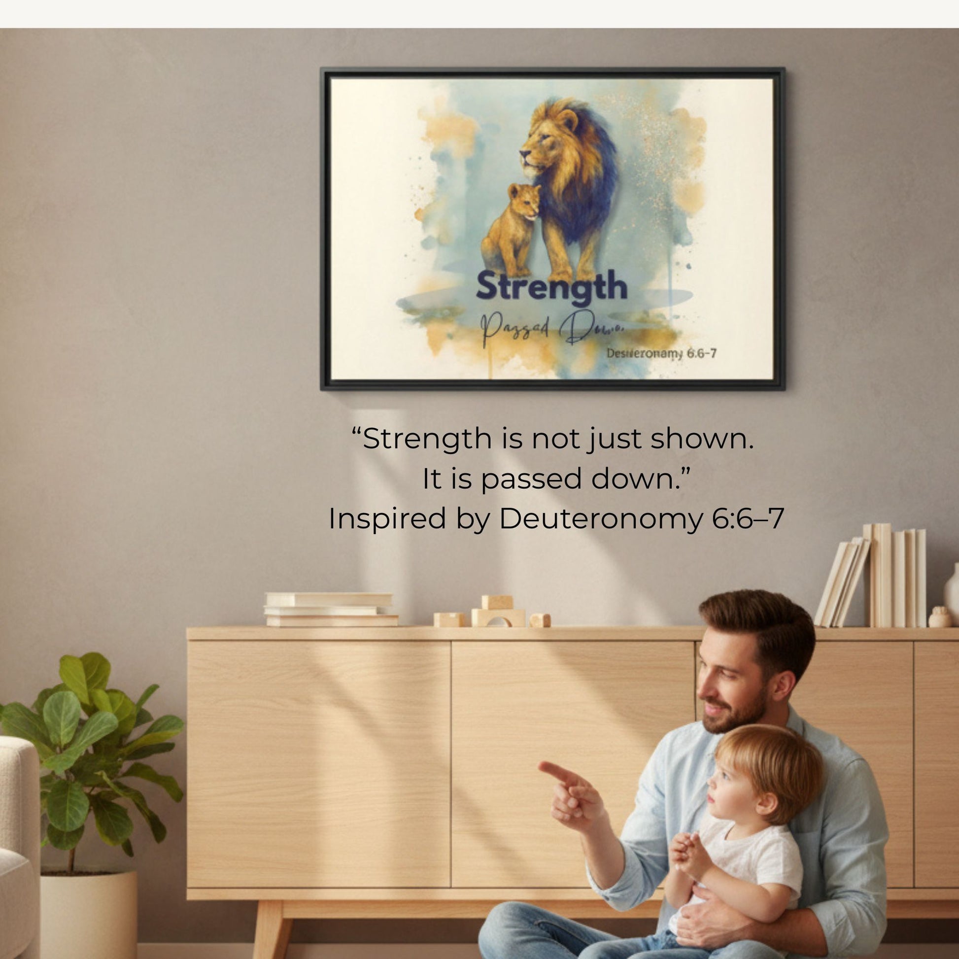 Lion of Judah Wall Art – Strength Passed Down | Christian Father & Child Canvas with Scripture - Heavenly Treasures