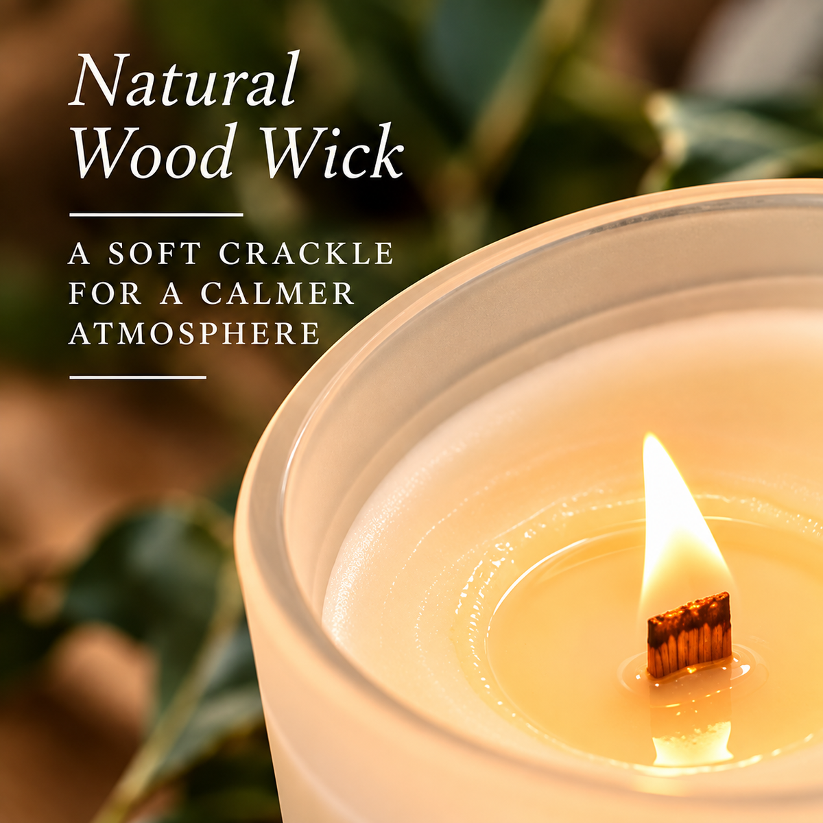 Close-up of the lit wood wick in the frosted glass candle, with text about its soft crackle
