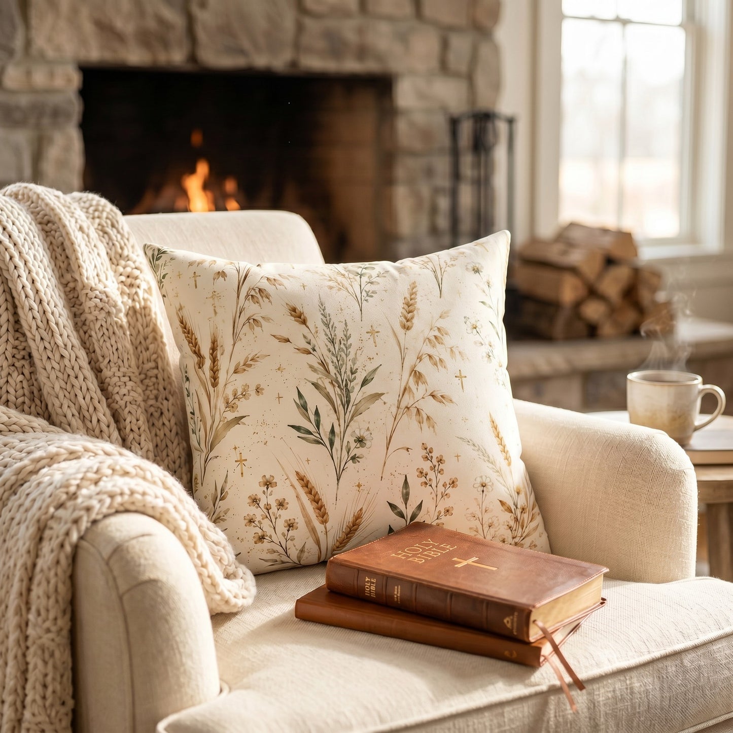 Christian Farmhouse Wheat Design Throw Pillow