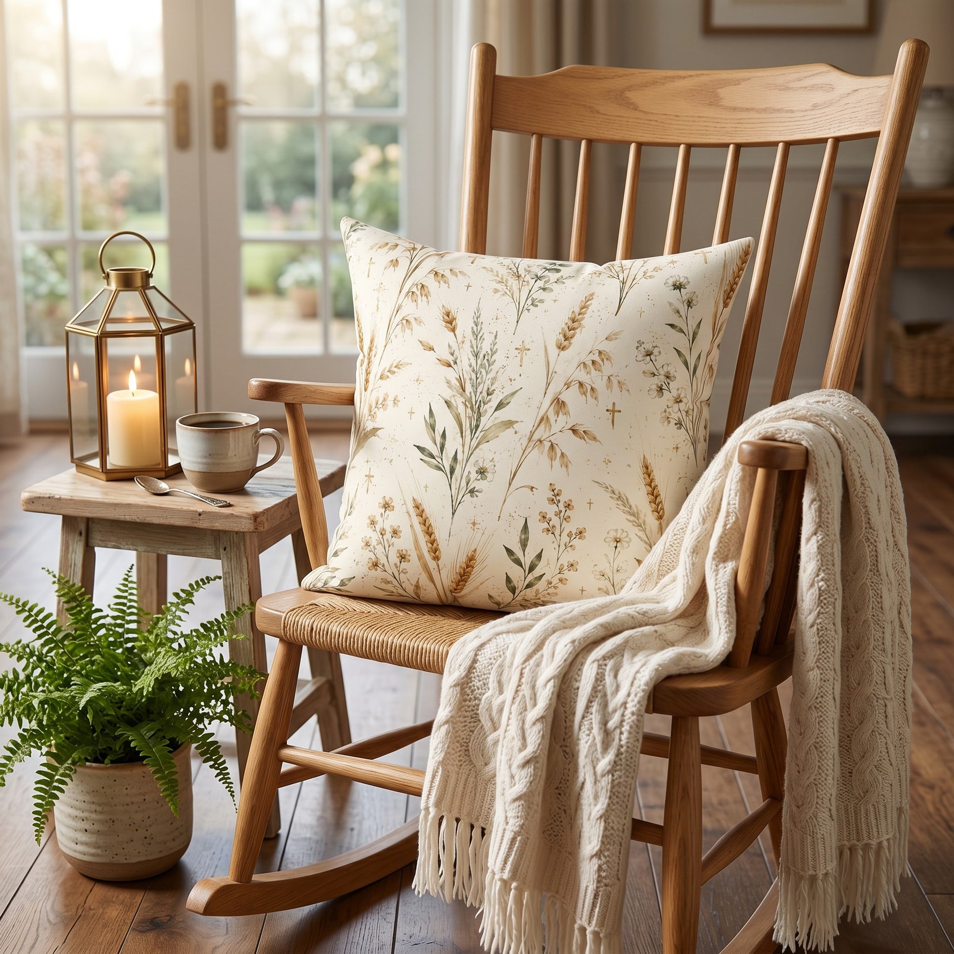 Farmhouse Faith Inspired Throw Pillow Wheat Pattern Design Rustic Christian Home Styling Accent Neutral Cottage Living Room Bedroom Sofa Display Fields Of Grace Harvest Theme Collection Spiritual Space Prayer Corner Reading Nook Cozy