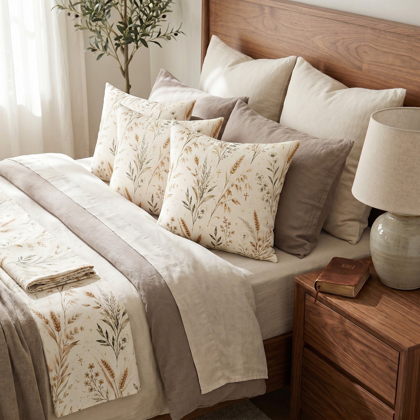 Christian Home Accent Pillow Wheat Design Pattern Farmhouse Faith Inspired Styling Rustic Living Room Bedroom Prayer Corner Sofa Display Harvest Theme Collection Spiritual Space Reading Nook Cottage Charm Neutral Palette Fields Of Grace