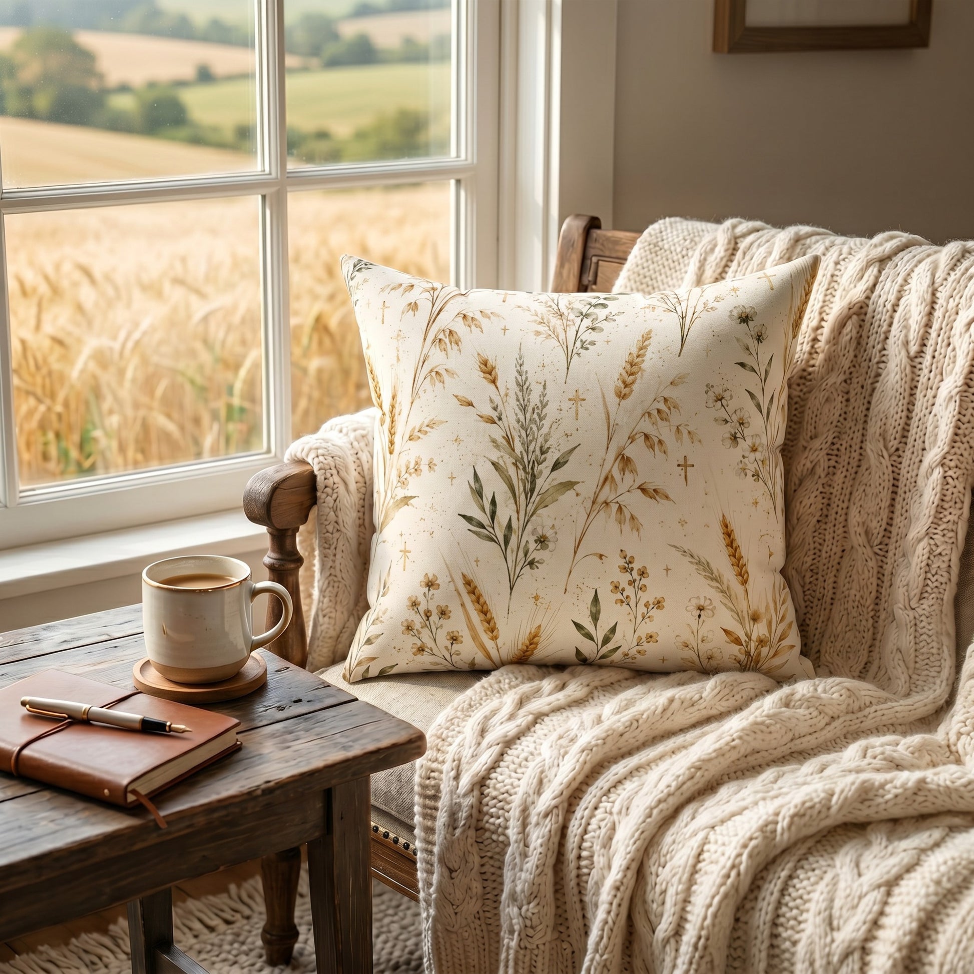 Wheat Design Christian Pillow Faith Through Nature Collection Biblical Ruth Story Inspired Farmhouse Rustic Home Accent Spiritual Living Room Bedroom Prayer Space Harvest Season Theme Cottage Style Neutral Palette Cozy Reading Nook Gift