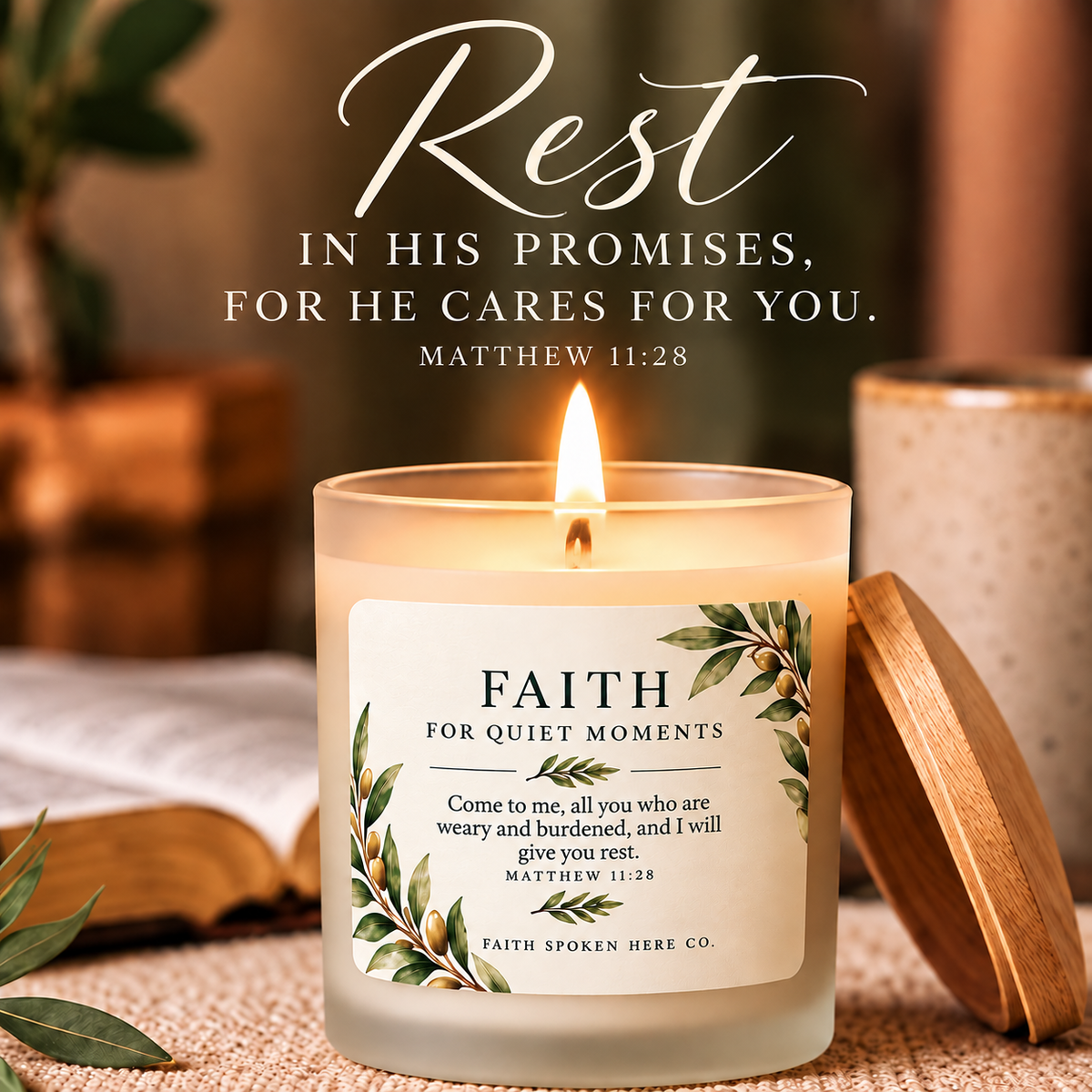 A lit glass jar candle with a wooden lid beside it, set on a burlap surface with a blurred warm background. The candle label reads “FAITH FOR QUIET MOMENTS” and includes a Bible verse from Matthew 11:28.