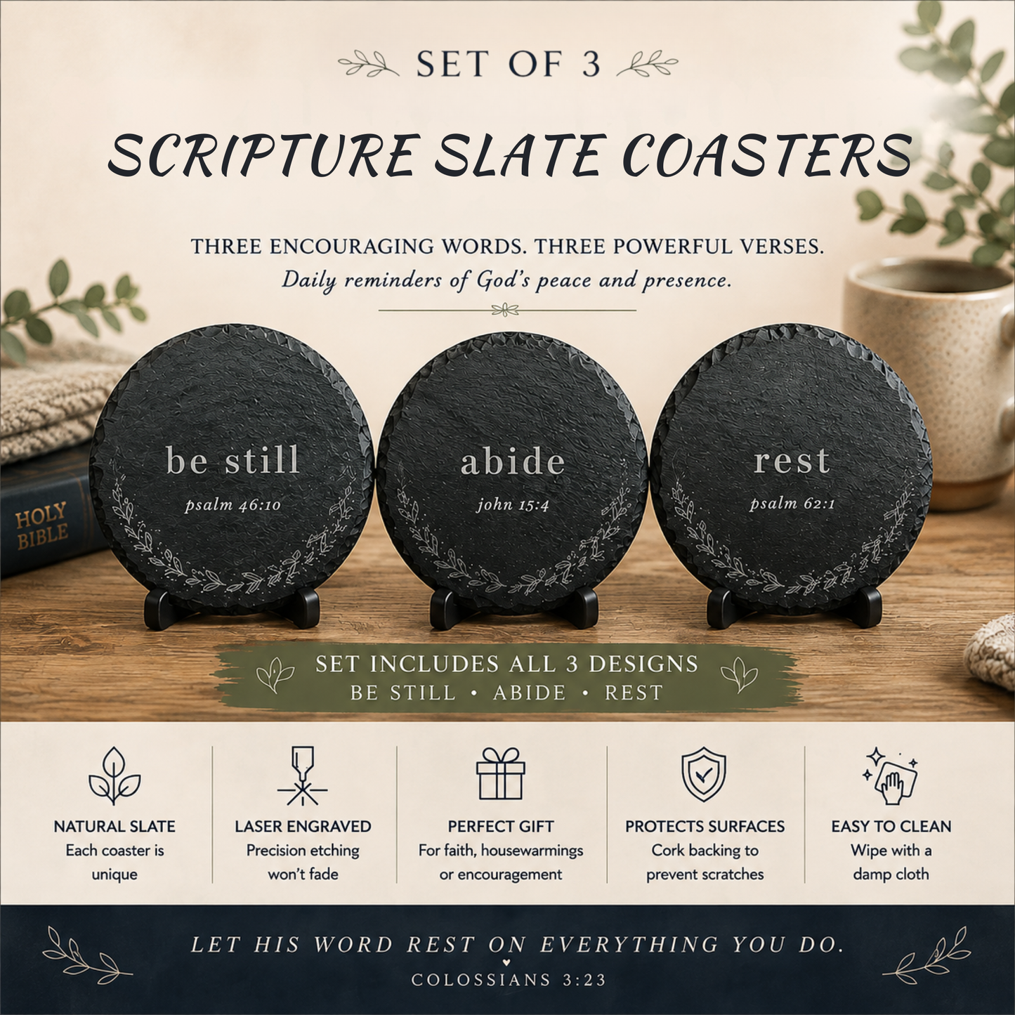 Scripture Slate Coaster Set – Engraved Bible Verse Christian Home Gift
