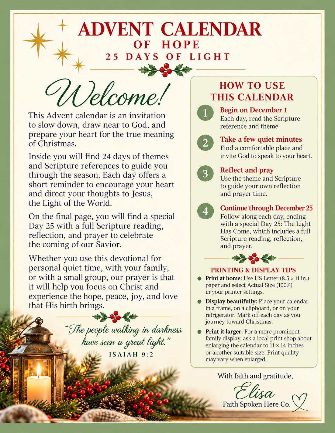 Christian Advent Calendar of Hope | 25-Day Printable