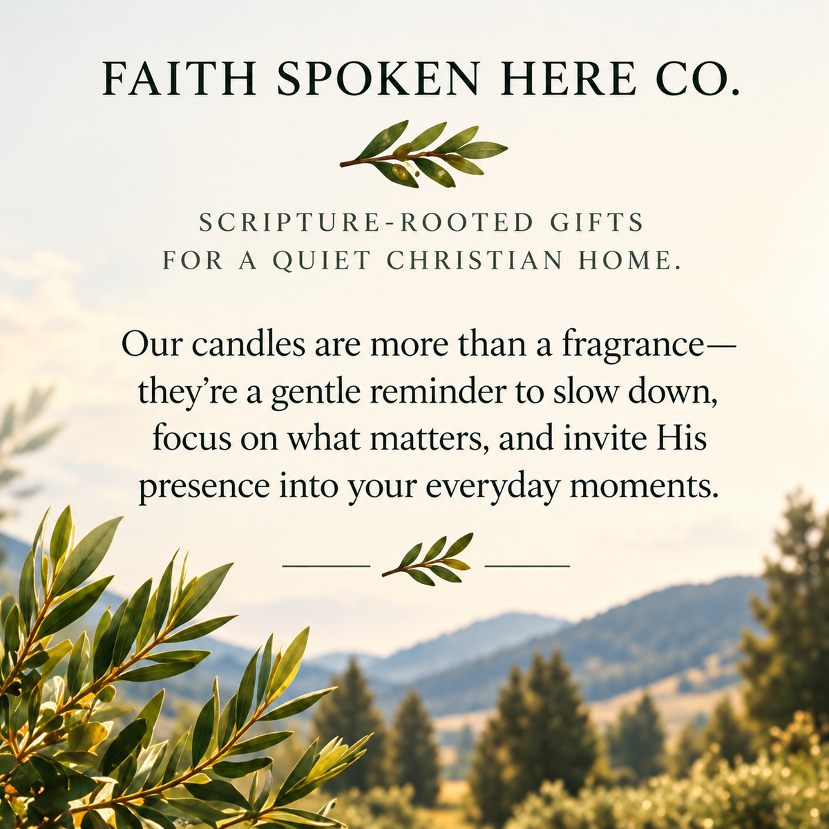 Faith Spoken Here Co. brand message over olive branches and a countryside view