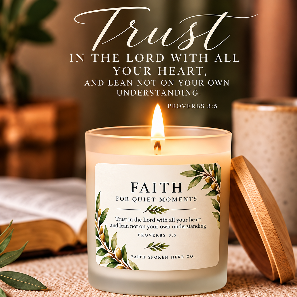 A lit glass candle jar labeled 'FAITH FOR QUIET MOMENTS' with a Bible verse printed on the label, shown with a wooden lid beside it on a textured surface. Large overlaid text at the top reads, 'Trust in the Lord with all your heart, and lean not on your own understanding.