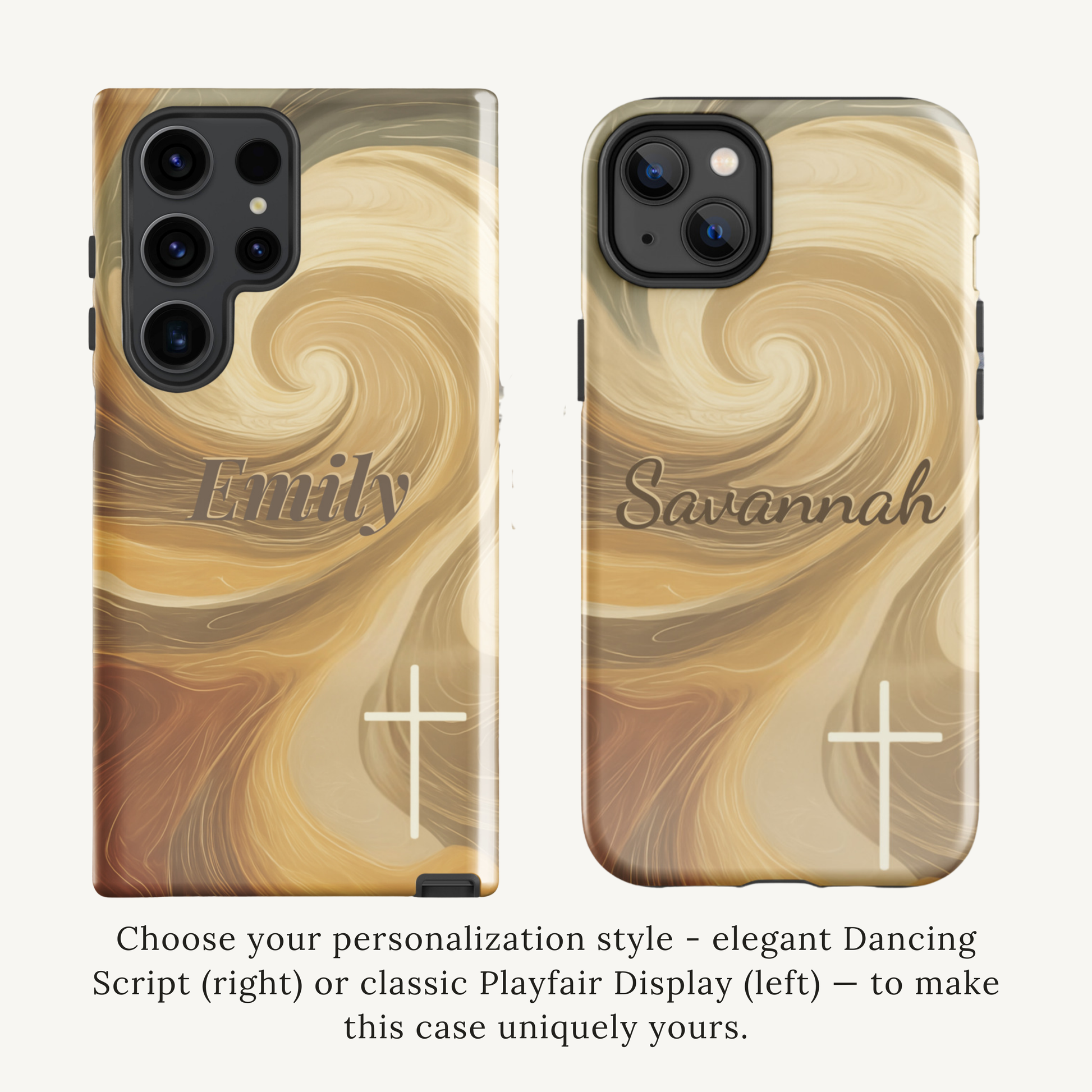 Two phone cases with marble pattern and personalized names on a white background