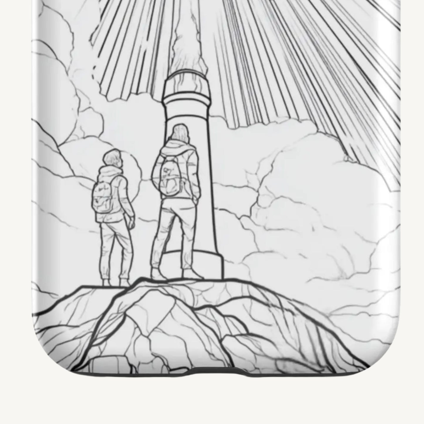 Illustration of two people standing on a mountain with a lighthouse and sun rays in the background.