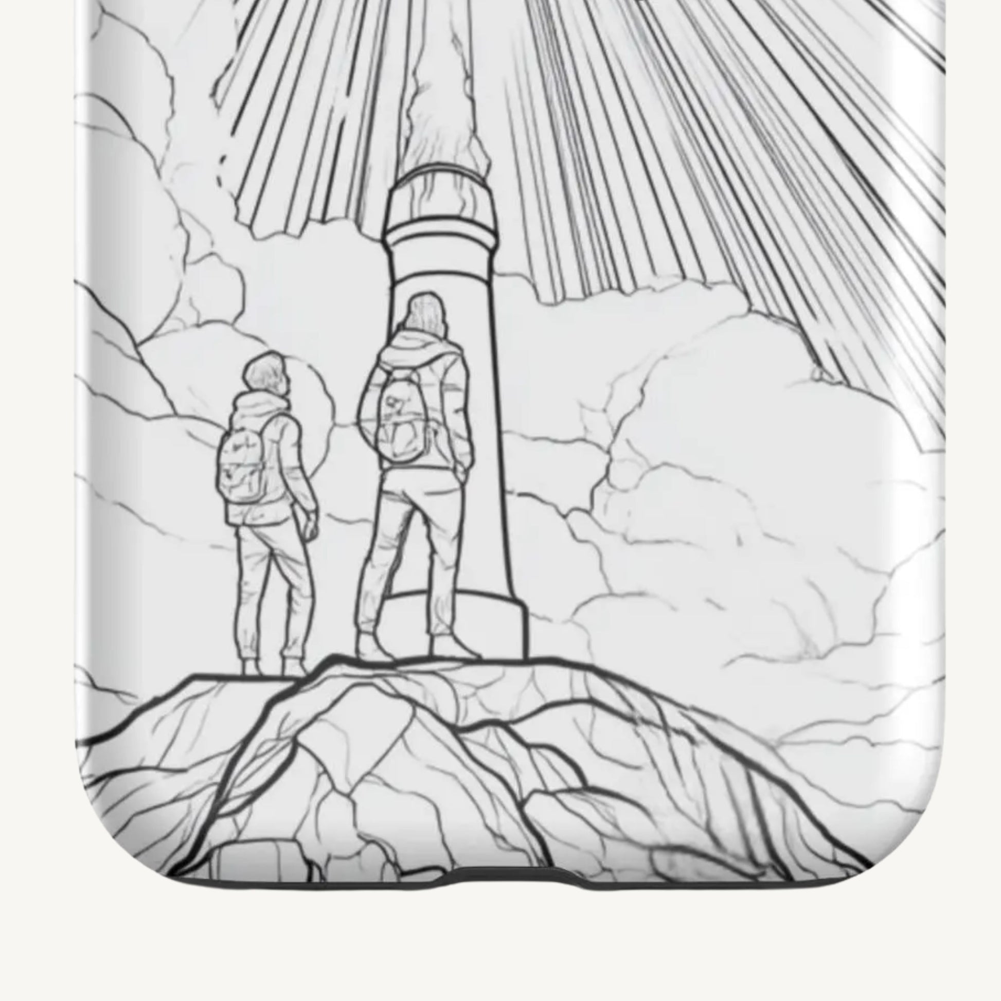 Illustration of two people standing on a mountain with a lighthouse and sun rays in the background.