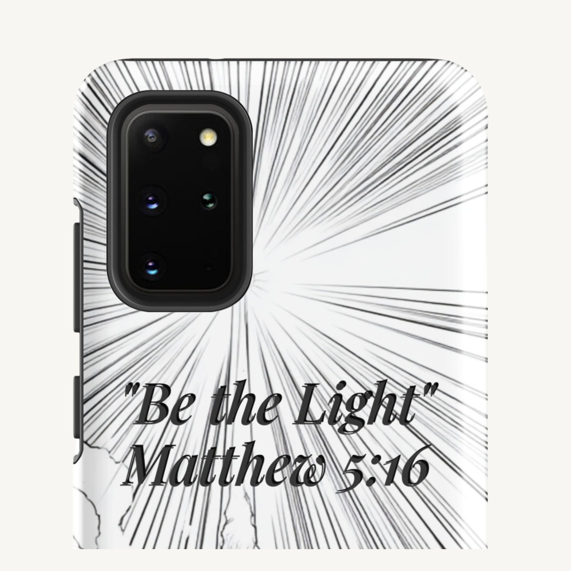 Phone case with 'Be the Light Matthew 5:16' text on a white background