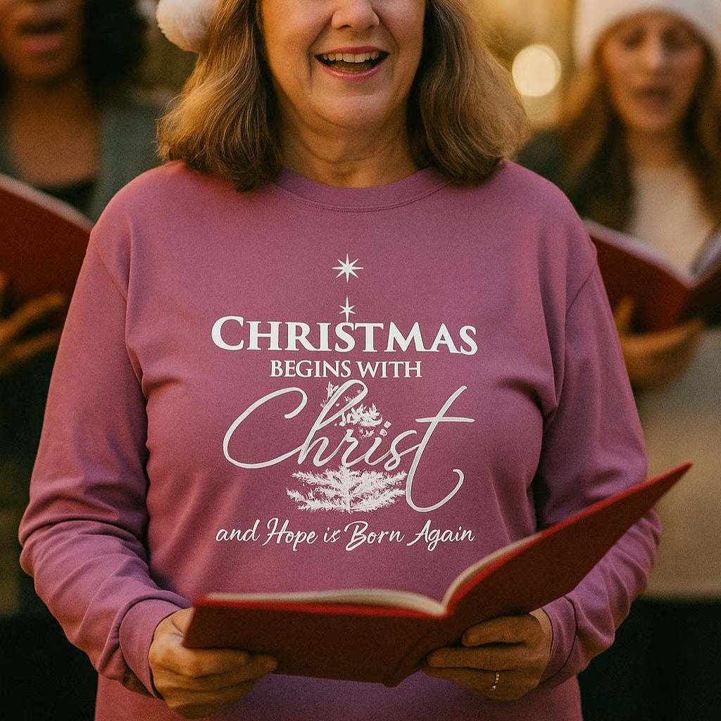 Christmas Begins With Christ Tee – Christian Christmas Shirt for Women – Faith Holiday Tee – Inspirational Jesus Christmas T-Shirt - Heavenly Treasures