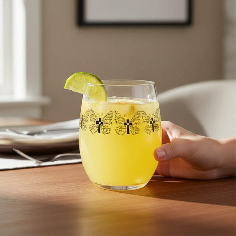 Butterfly Cross Stemless Wine Glass | Christian Glassware with Raised UV Print - Heavenly Treasures