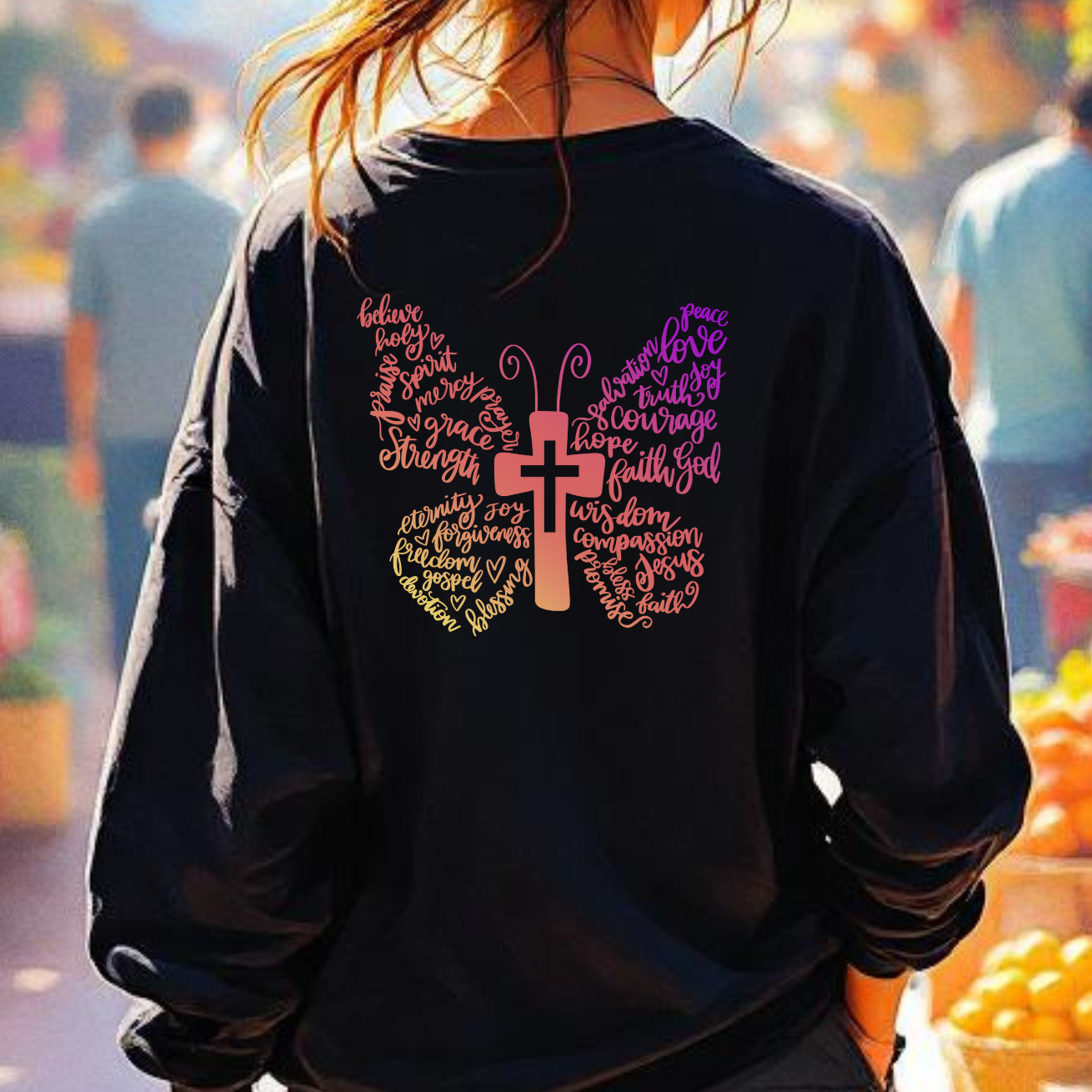 Person wearing a black sweatshirt with colorful designs at an outdoor market.
