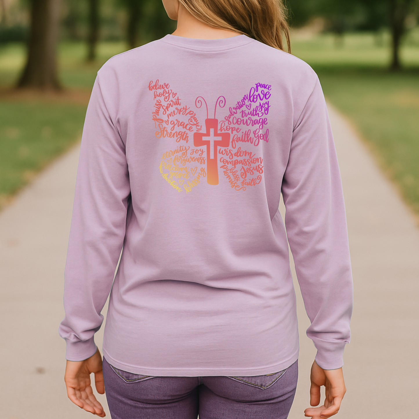 Butterfly Motif Tee – Faith-Inspired Christian T-Shirt with Back Design - Heavenly Treasures