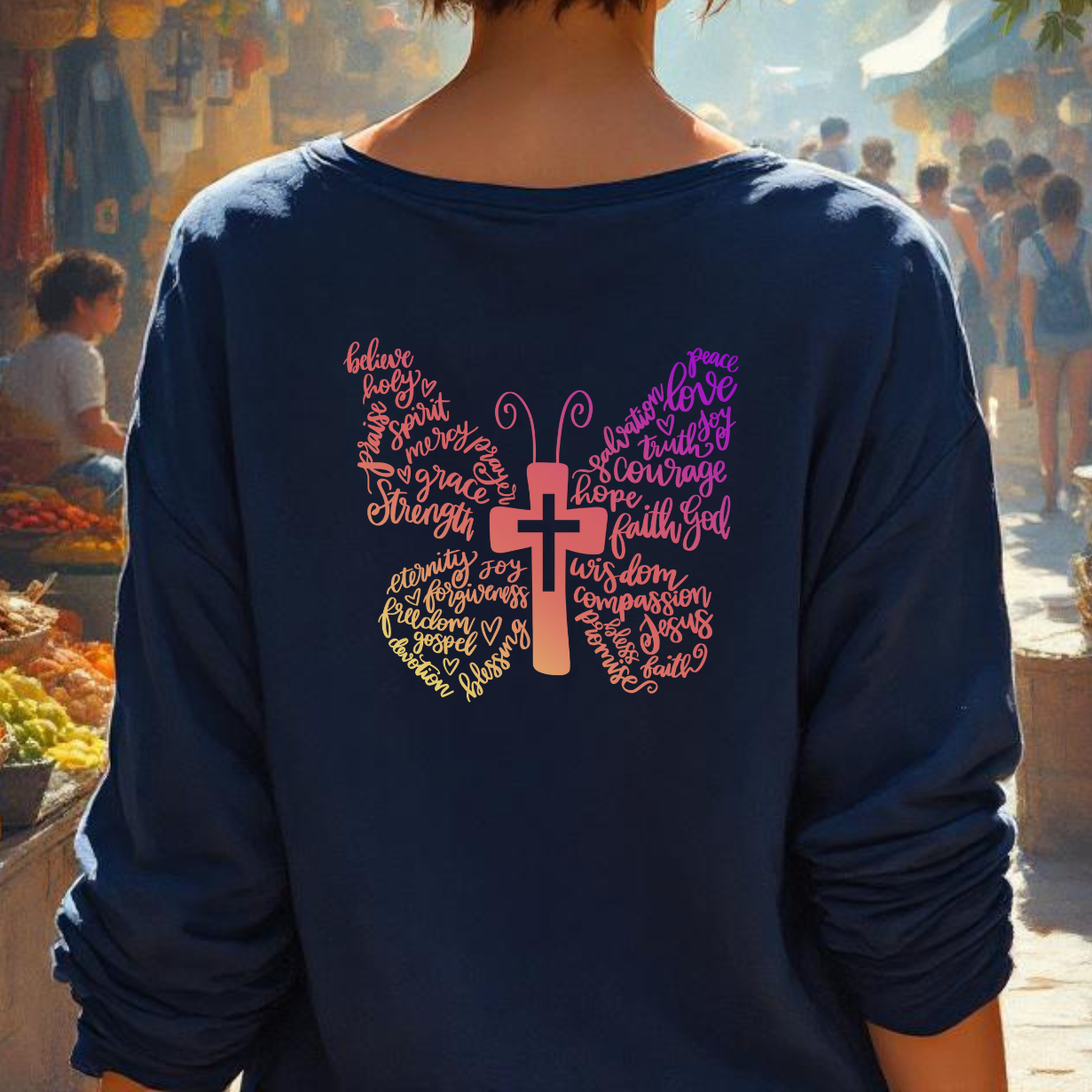 Person wearing a blue shirt with a butterfly design in an outdoor market setting