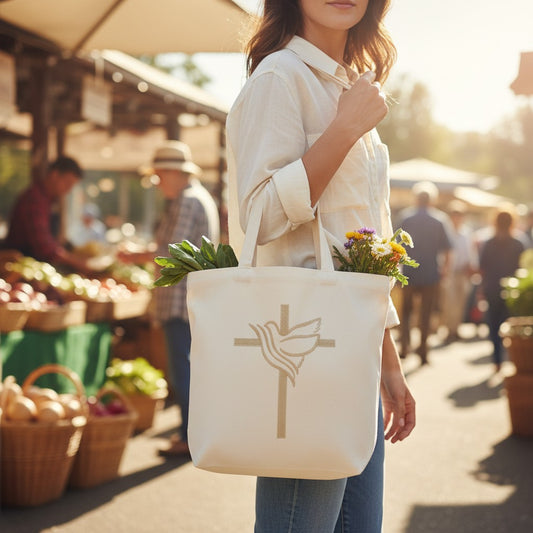 Christian Tote Bag – Embroidered Dove Cross Design for Bible Study & Church - Heavenly Treasures