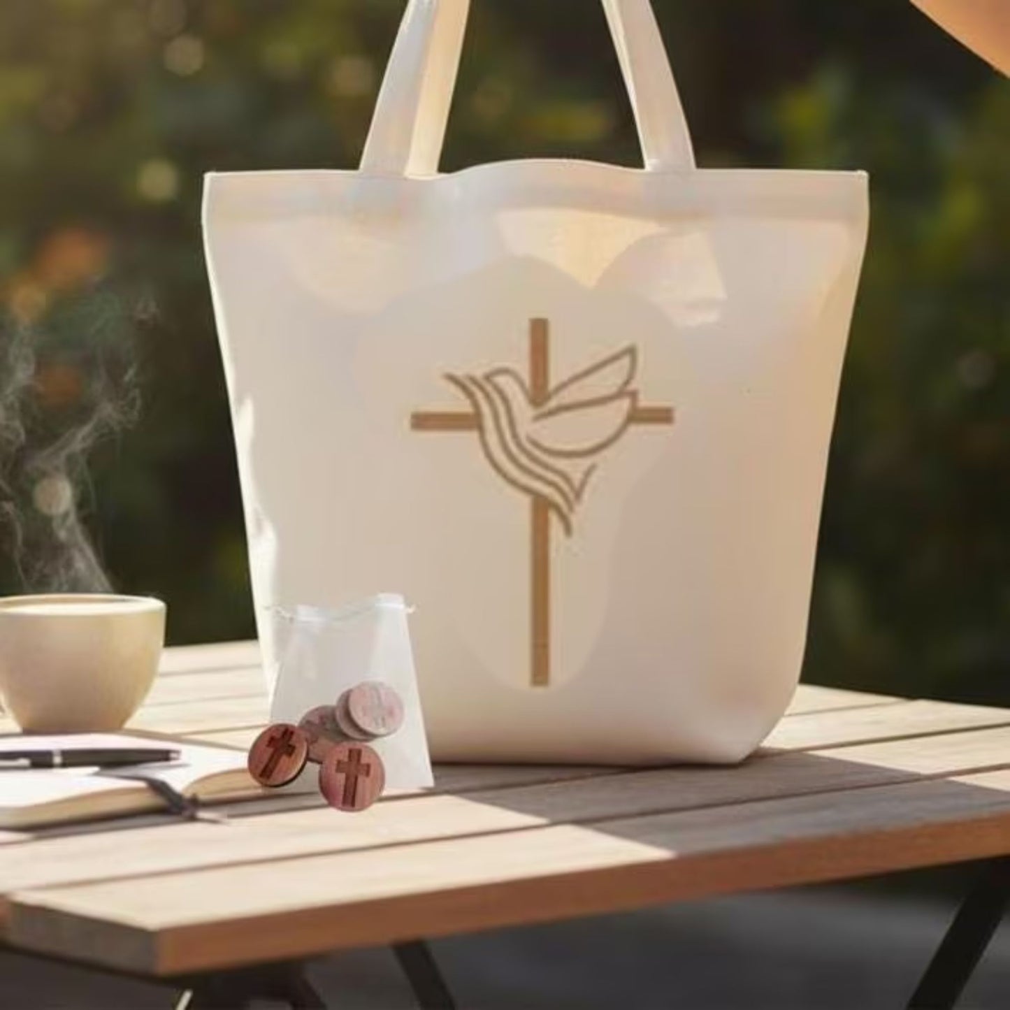 Christian Gift Set – Embroidered Tote & Cedar Prayer Token for Faith Encouragement - Heavenly Treasures