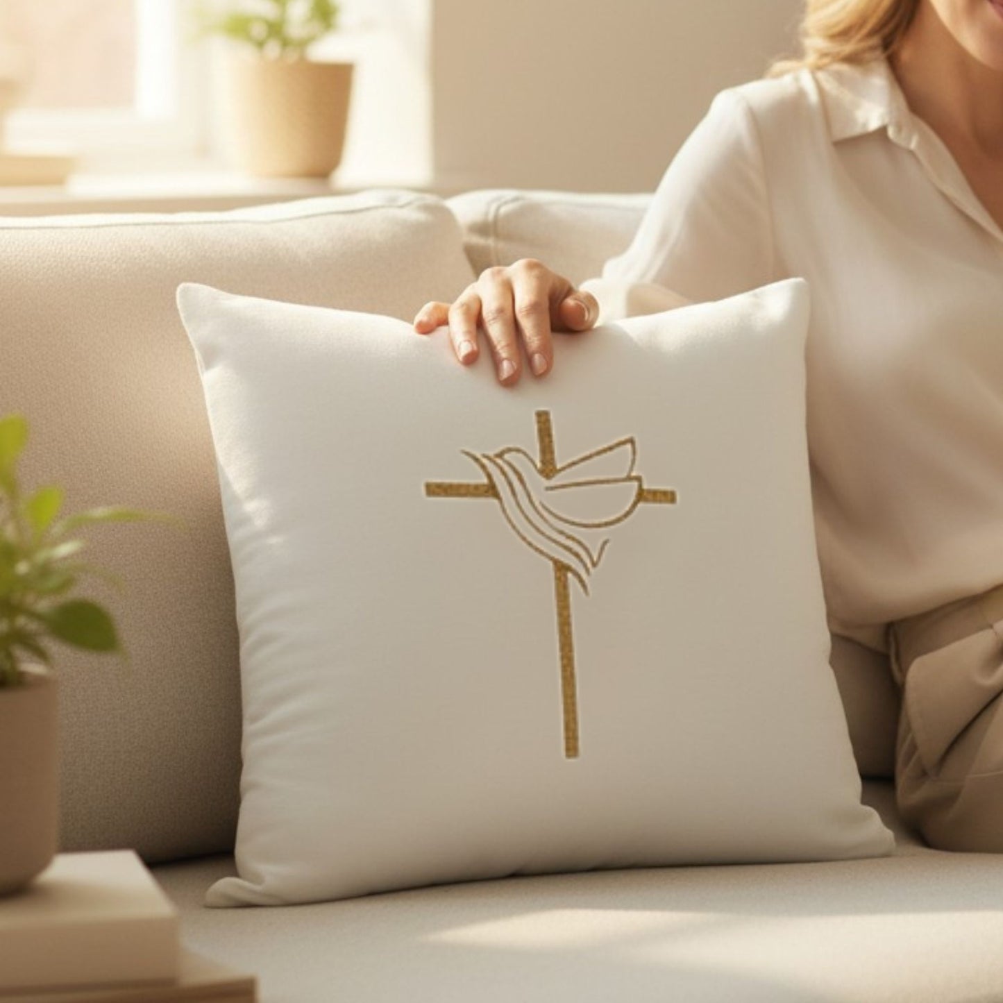 Neutral Christian Cover Embroidered Faith Design Cross Dove Pattern Pillow Accent Religious Home Styling Subtle Expression Quality Embroidery Details Living Room Enhancement Bedroom Accent Gift Ready Housewarming Present Spiritual Touch