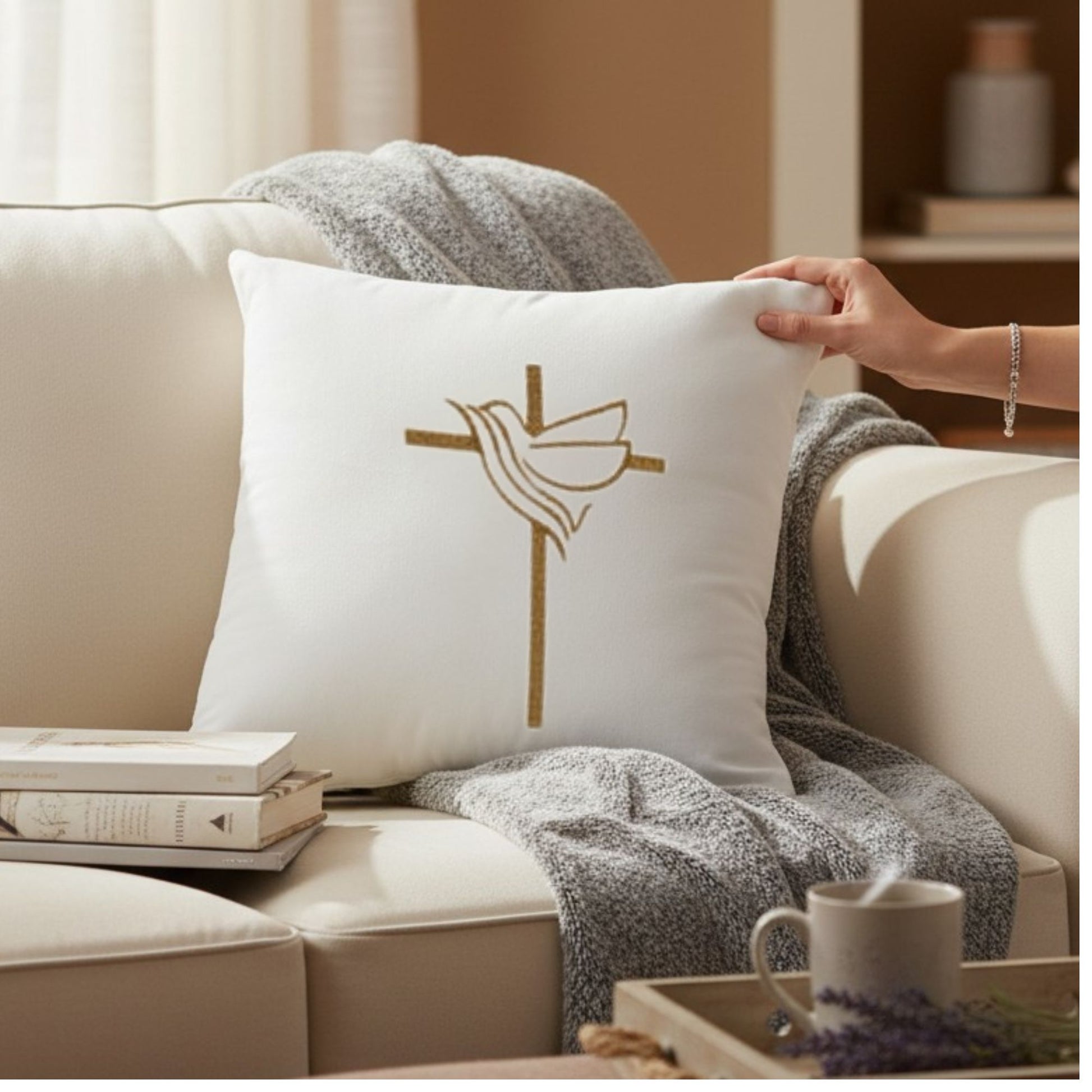 Embroidered Cross Design Dove Pattern Pillow Cover Christian Home Accent Faith Expression Neutral Styling Quality Embroidery Details Religious Gift Ready Living Room Enhancement Bedroom Accent Spiritual Home Touch Subtle Faith Statement
