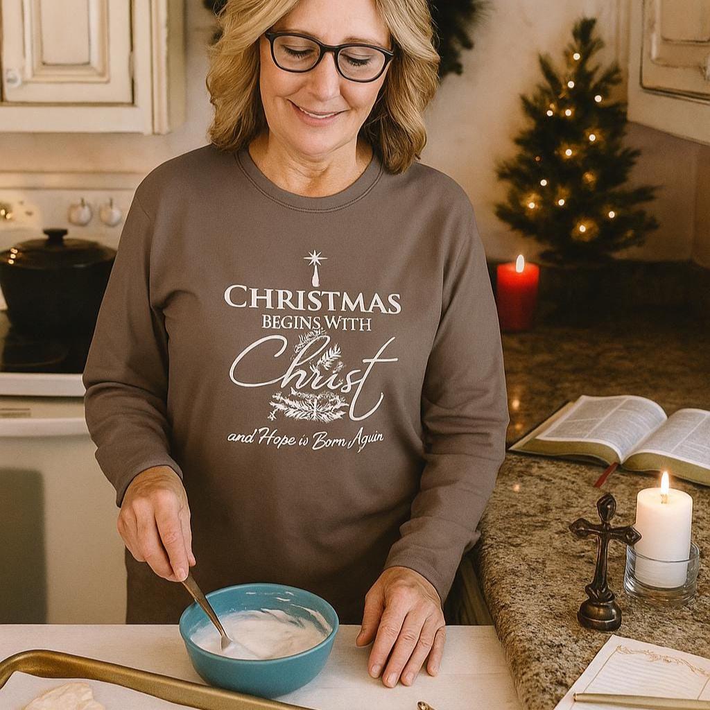 Christmas Begins With Christ Tee – Christian Christmas Shirt for Women – Faith Holiday Tee – Inspirational Jesus Christmas T-Shirt - Heavenly Treasures