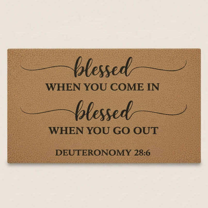 Doormat with inspirational quote 'blessed when you come in, blessed when you go out' from Deuteronomy 28:6 on a beige background.