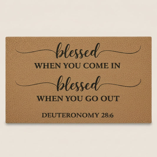 Doormat with inspirational quote 'blessed when you come in, blessed when you go out' from Deuteronomy 28:6 on a beige background.