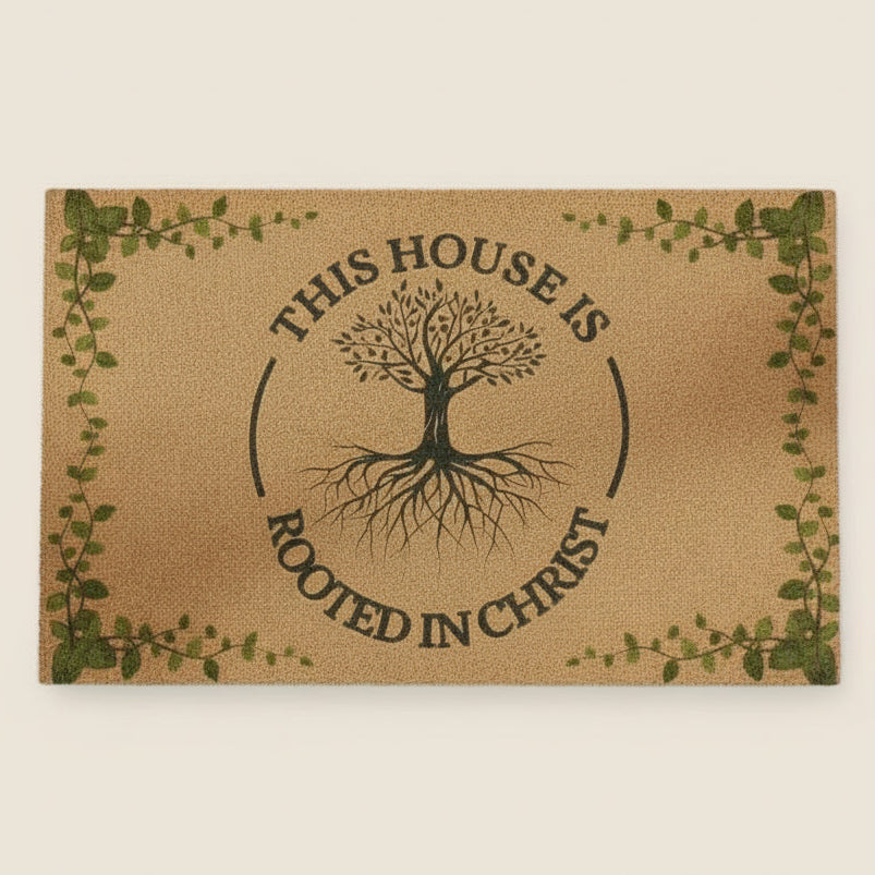 Doormat with tree design and text 'This House is Rooted in Christ' on a beige background