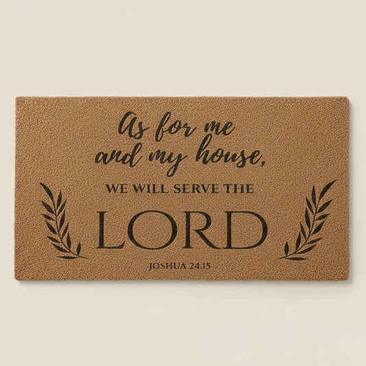 Doormat with religious text on a beige background