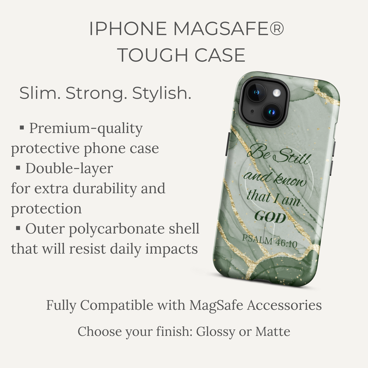 Green marble phone case with text on a white background