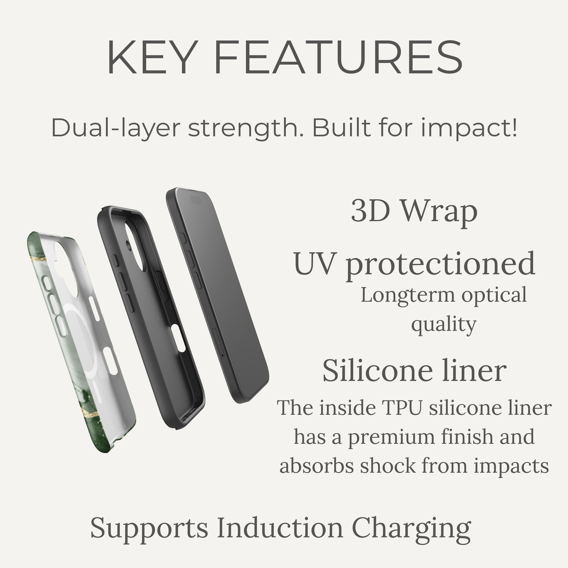 Phone case with key features listed on a white background