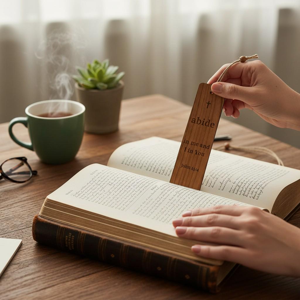 Handcrafted Wooden Bookmarks Bible Scripture Set Cherry Wood Material Psalm John Verses Be Still Abide Message Christian Reading Companion Spiritual Journey Aid Prayer Time Helper Natural Design Religious Gift Idea Meaningful Present
