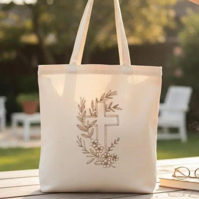Faith Gift For Women Christian Canvas Tote Embroidered Cross Design Bible Carrier Church Service Bag Scripture Study Essential Prayer Journal Holder Devotional Material Bag Olive Branch Pattern Natural Cream Canvas Durable Cotton Polyester