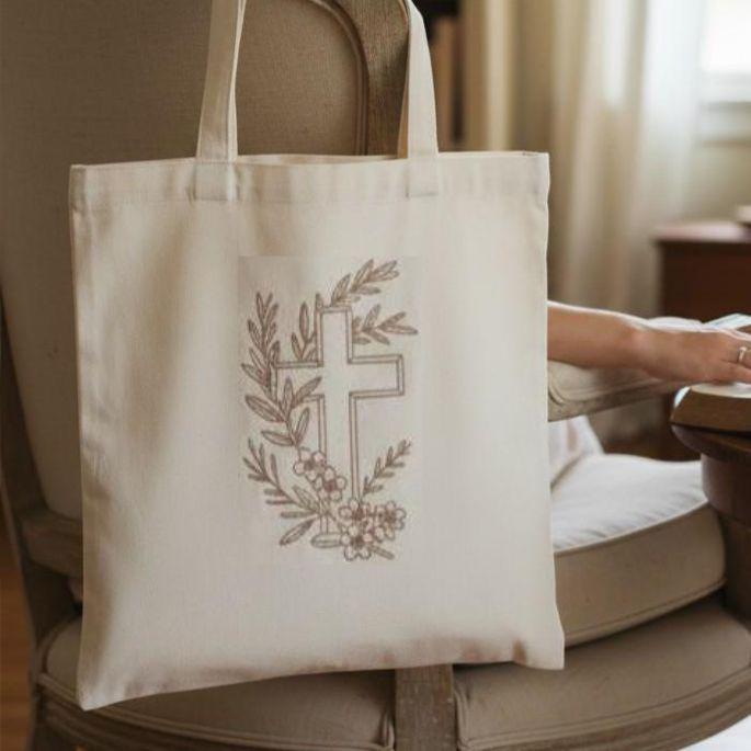 Christian Tote Bag Canvas Bible Carrier Embroidered Cross Design Olive Branch Pattern Church Bag For Women Faith Accessory Scripture Study Holder Prayer Journal Bag Devotional Material Carrier Religious Gift Natural Cream Canvas Durable