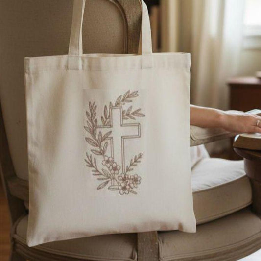Christian Tote Bag Canvas Bible Carrier Embroidered Cross Design Olive Branch Pattern Church Bag For Women Faith Accessory Scripture Study Holder Prayer Journal Bag Devotional Material Carrier Religious Gift Natural Cream Canvas Durable