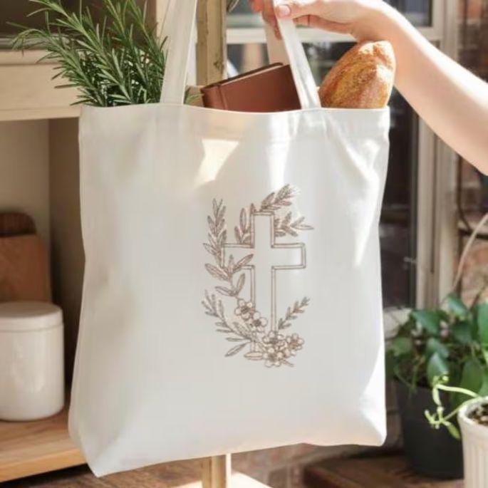 Embroidered Cross Tote Bag Christian Canvas Carrier Church Bag Women Bible Holder Olive Branch Design Faith Accessory Natural Cream Color Scripture Study Bag Prayer Group Carrier Devotional Material Holder Religious Gift Baptism Present