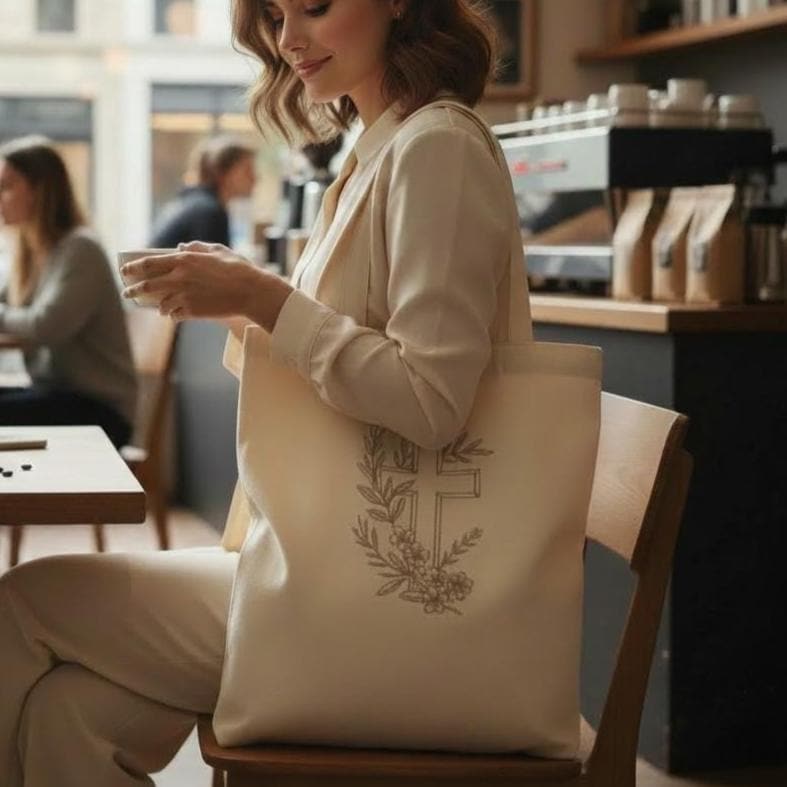 Women Faith Accessory Christian Canvas Tote Embroidered Cross Design Spiritual Journey Companion Bible Study Bag Scripture Carrier Prayer Time Essential Religious Gift Idea Peaceful Symbol Everyday Carry Solution Church Attendance Helper